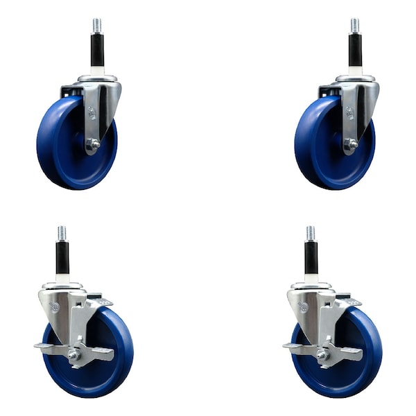5'' Solid Poly Wheel Swivel 7/8'' Expanding Stem Caster Set 2 Brakes, 4PK